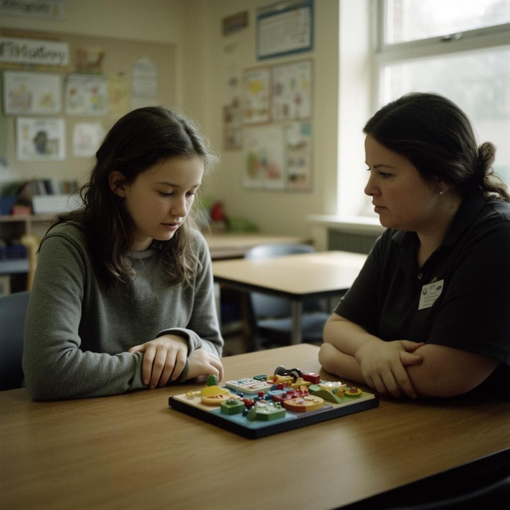 A young woman laughing with her caregiver in a sunlit classroom.