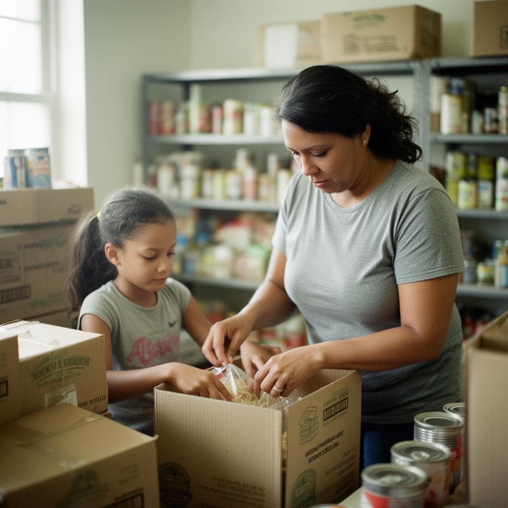 A parent and child smiling together at a community food pantry.
