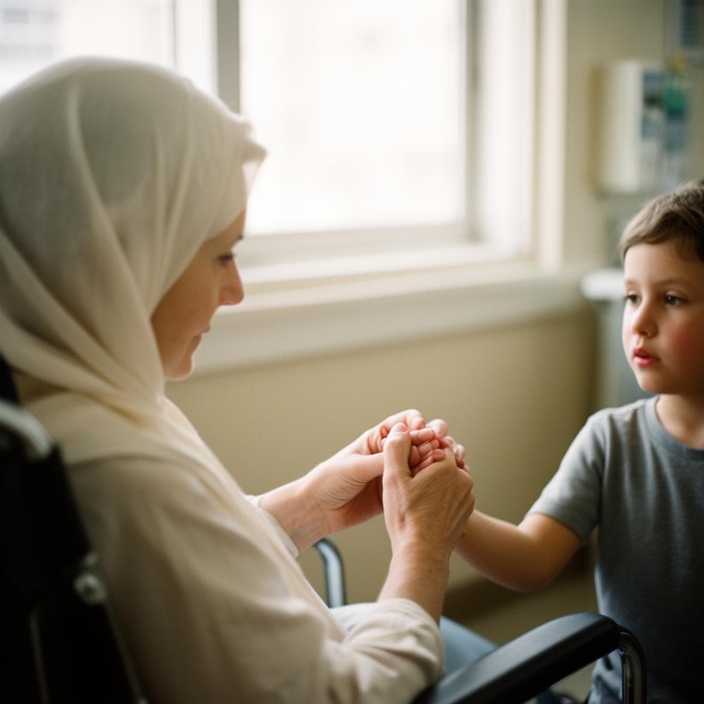 A cancer patient gently holding hands with a small child.